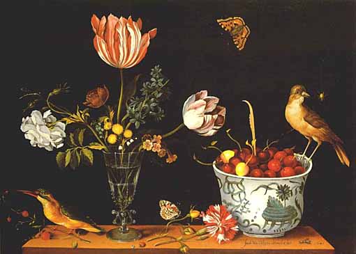 Still life with flowers, birds and cherries, 1643